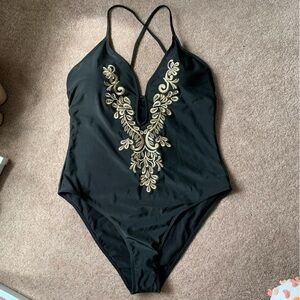 Black Embroidered Bathing Suit